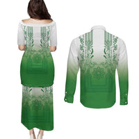 Philippines Barong Style Couples Matching Puletasi and Long Sleeve Button Shirt with Polynesian Art and Leaf Motif Green Color