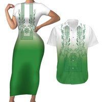 Philippines Barong Style Couples Matching Short Sleeve Bodycon Dress and Hawaiian Shirt with Polynesian Art and Leaf Motif Green Color