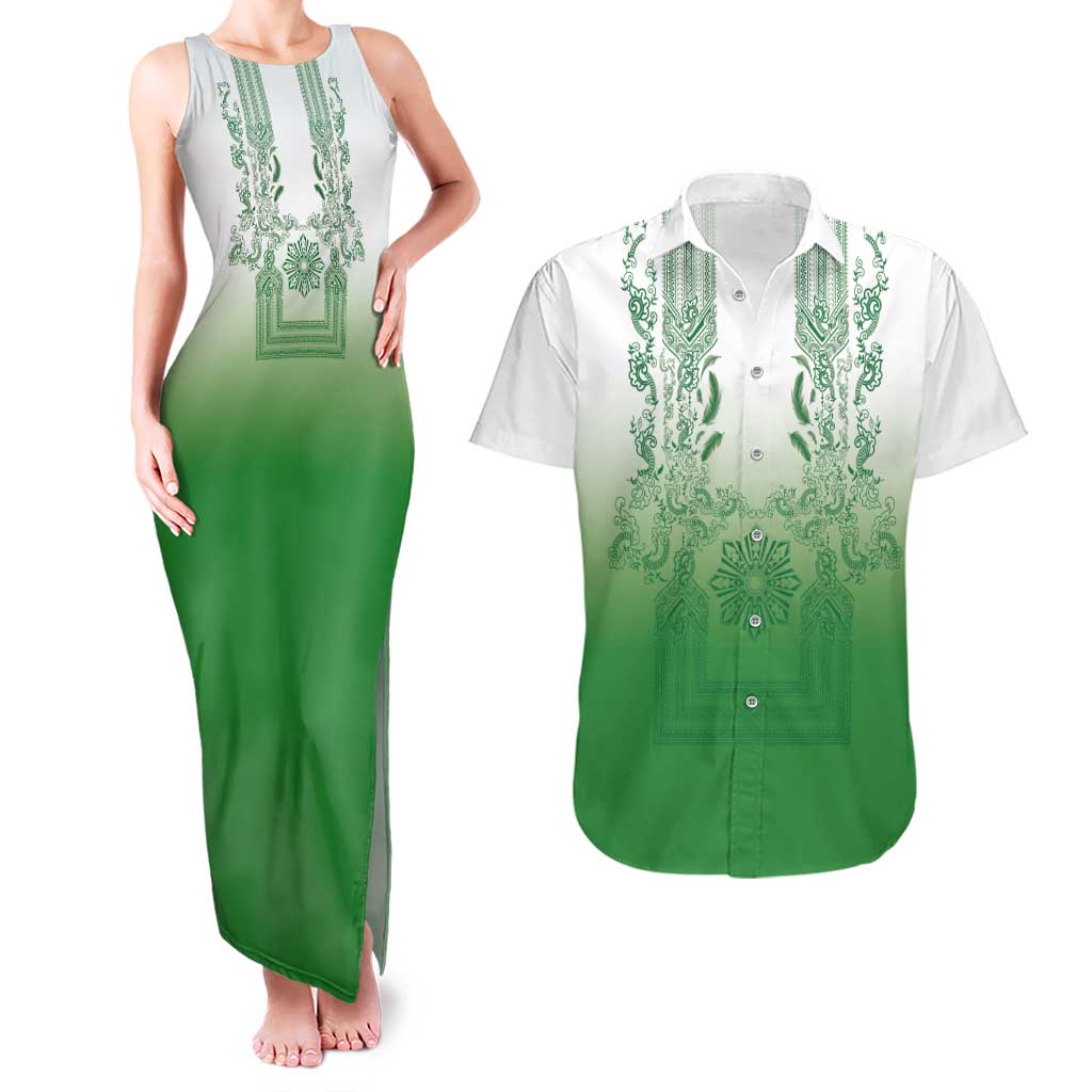 Philippines Barong Style Couples Matching Tank Maxi Dress and Hawaiian Shirt with Polynesian Art and Leaf Motif Green Color