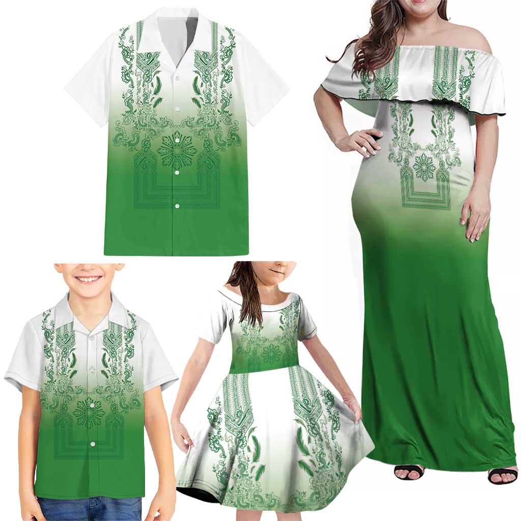 Philippines Barong Style Family Matching Off Shoulder Maxi Dress and Hawaiian Shirt with Polynesian Art and Leaf Motif Green Color