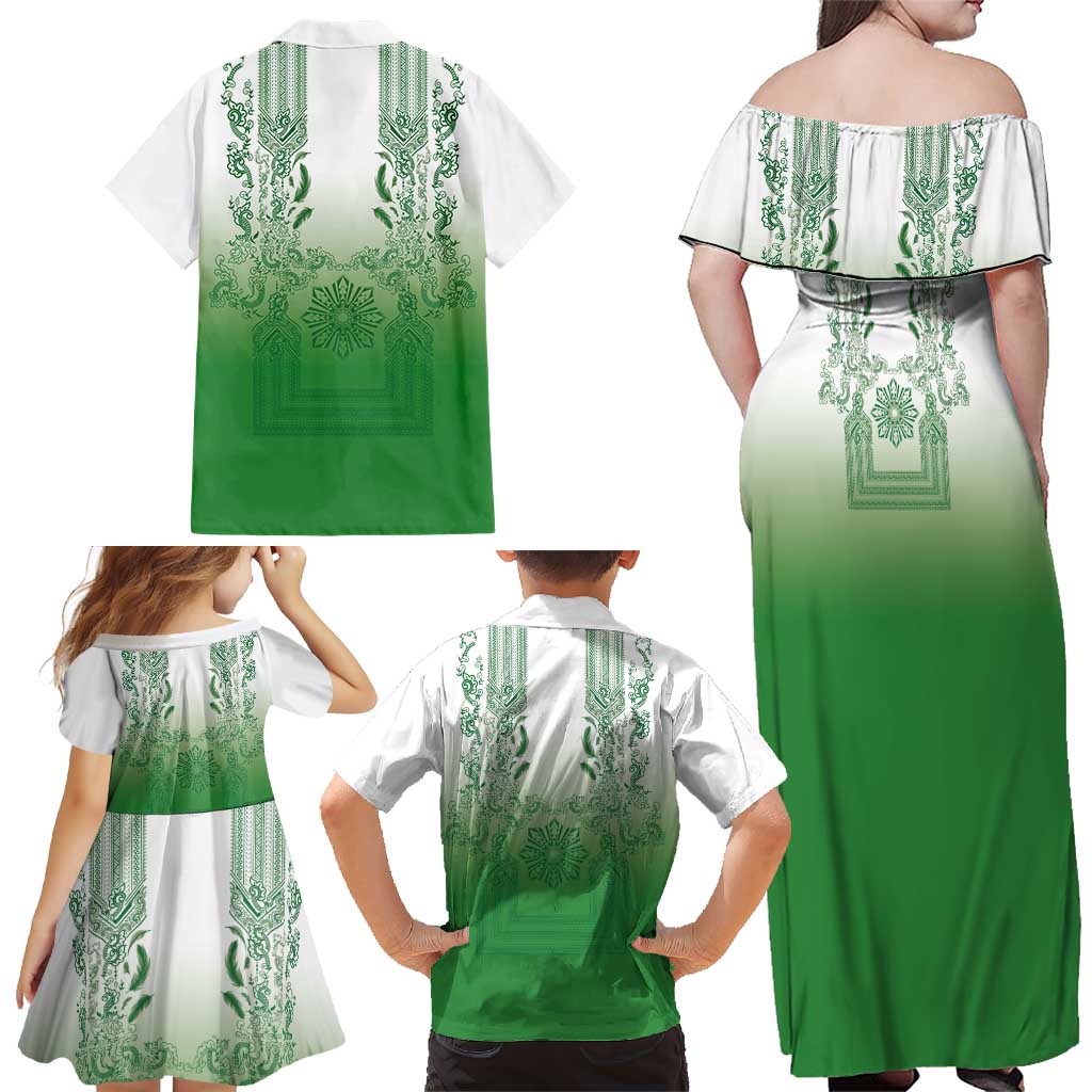 Philippines Barong Style Family Matching Off Shoulder Maxi Dress and Hawaiian Shirt with Polynesian Art and Leaf Motif Green Color