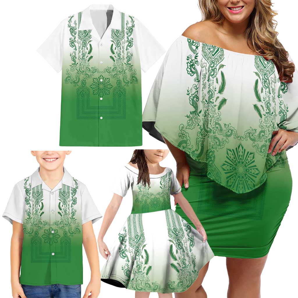 Philippines Barong Style Family Matching Off Shoulder Short Dress and Hawaiian Shirt with Polynesian Art and Leaf Motif Green Color