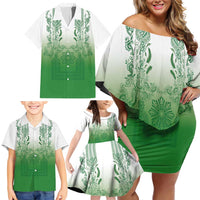 Philippines Barong Style Family Matching Off Shoulder Short Dress and Hawaiian Shirt with Polynesian Art and Leaf Motif Green Color