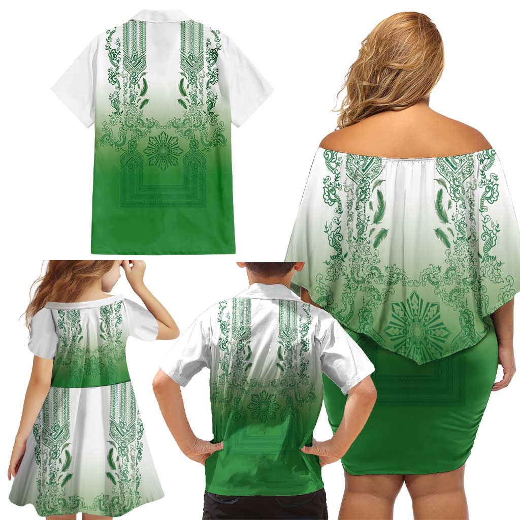 Philippines Barong Style Family Matching Off Shoulder Short Dress and Hawaiian Shirt with Polynesian Art and Leaf Motif Green Color