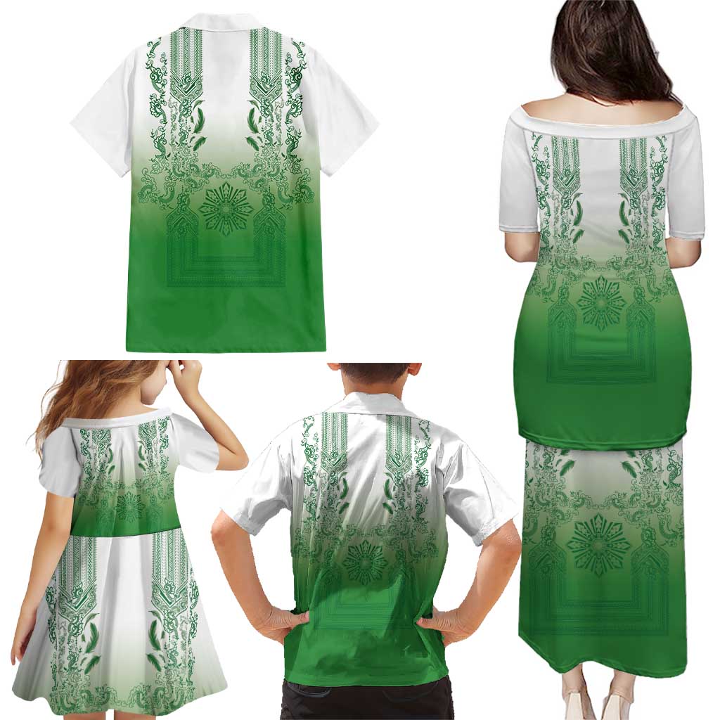 Philippines Barong Style Family Matching Puletasi and Hawaiian Shirt with Polynesian Art and Leaf Motif Green Color