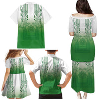 Philippines Barong Style Family Matching Puletasi and Hawaiian Shirt with Polynesian Art and Leaf Motif Green Color