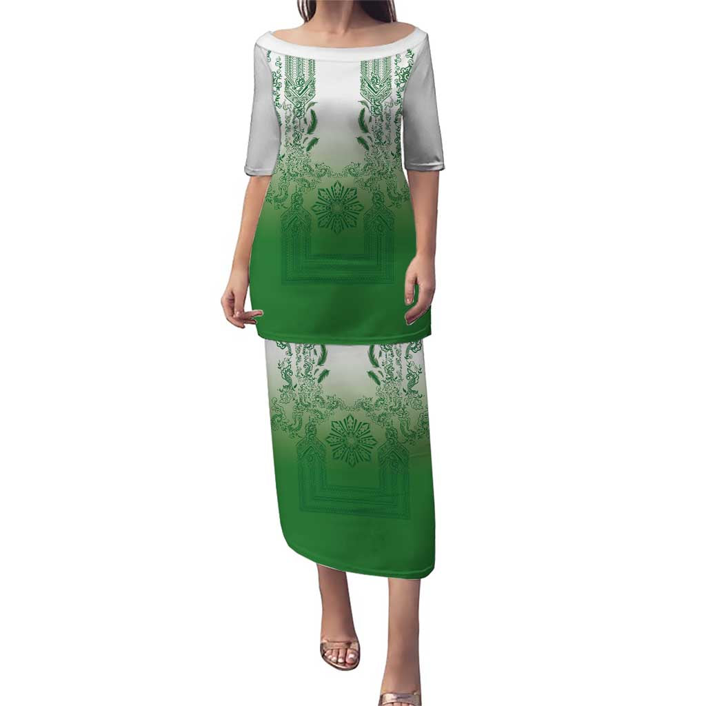 Philippines Barong Style Family Matching Puletasi and Hawaiian Shirt with Polynesian Art and Leaf Motif Green Color