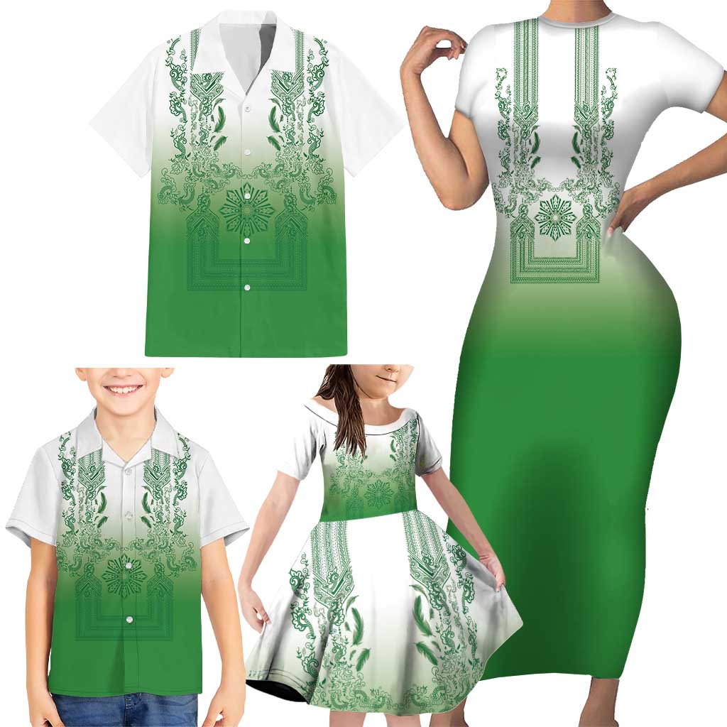Philippines Barong Style Family Matching Short Sleeve Bodycon Dress and Hawaiian Shirt with Polynesian Art and Leaf Motif Green Color