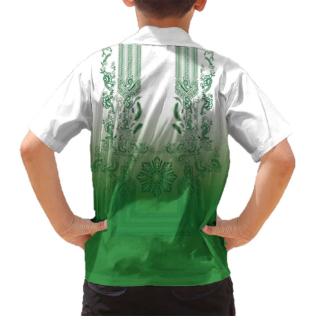 Philippines Barong Style Family Matching Summer Maxi Dress and Hawaiian Shirt with Polynesian Art and Leaf Motif Green Color LT03 - Polynesian Pride