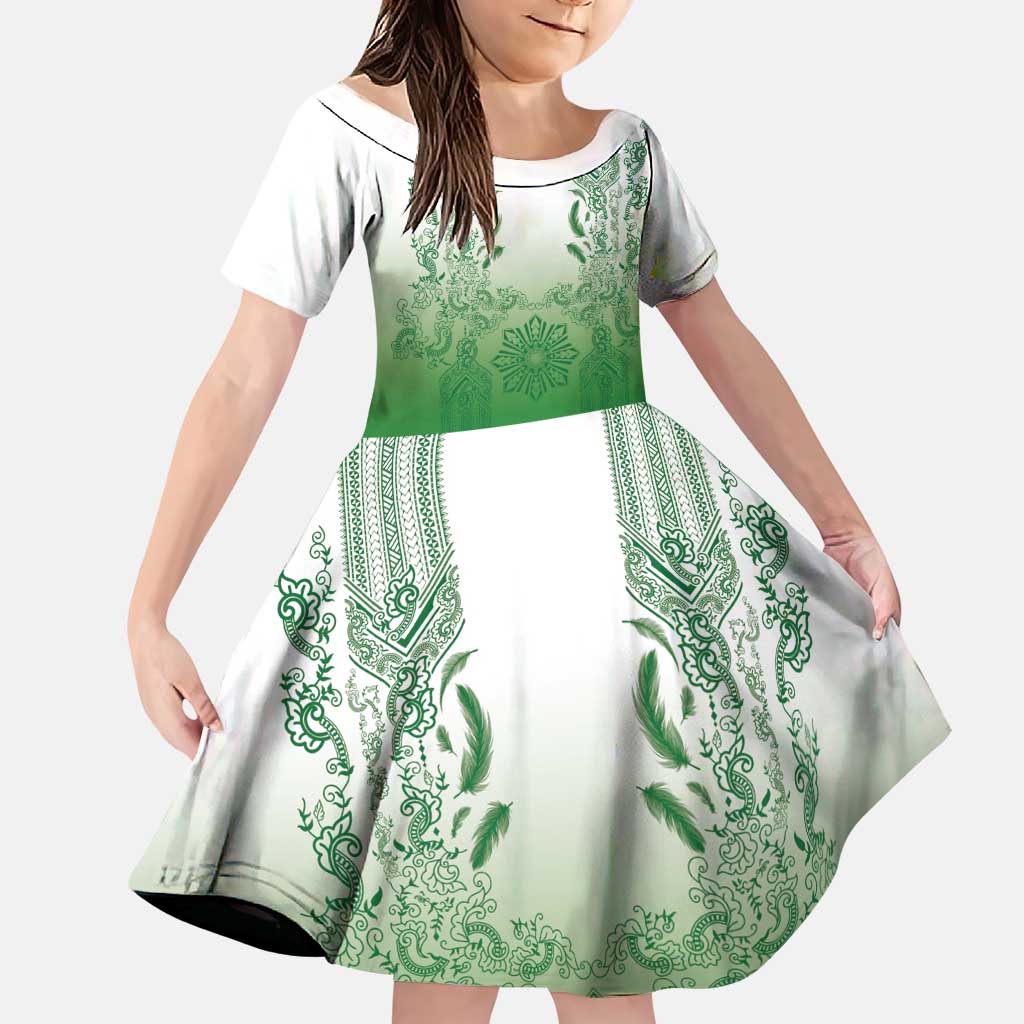Philippines Barong Style Family Matching Summer Maxi Dress and Hawaiian Shirt with Polynesian Art and Leaf Motif Green Color LT03 Daughter's Dress Green - Polynesian Pride