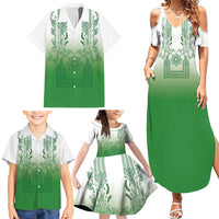 Philippines Barong Style Family Matching Summer Maxi Dress and Hawaiian Shirt with Polynesian Art and Leaf Motif Green Color LT03 - Polynesian Pride
