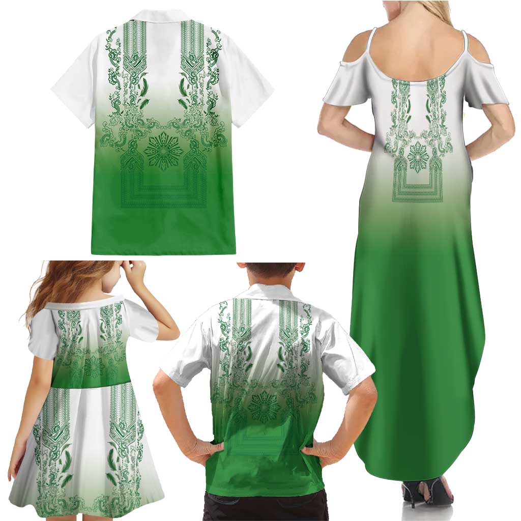 Philippines Barong Style Family Matching Summer Maxi Dress and Hawaiian Shirt with Polynesian Art and Leaf Motif Green Color LT03 - Polynesian Pride