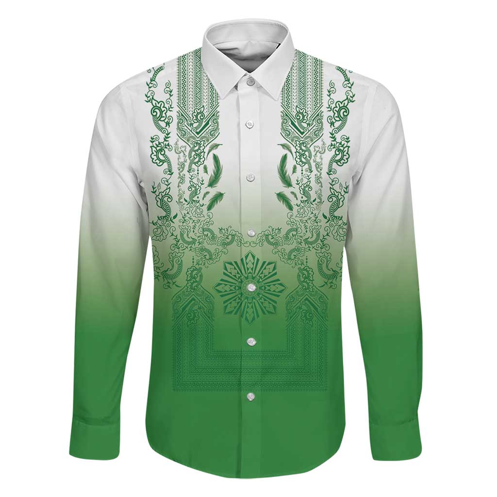 Philippines Barong Style Family Matching Summer Maxi Dress and Hawaiian Shirt with Polynesian Art and Leaf Motif Green Color LT03 Dad's Shirt - Long Sleeve Green - Polynesian Pride