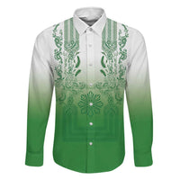 Philippines Barong Style Family Matching Summer Maxi Dress and Hawaiian Shirt with Polynesian Art and Leaf Motif Green Color LT03 Dad's Shirt - Long Sleeve Green - Polynesian Pride