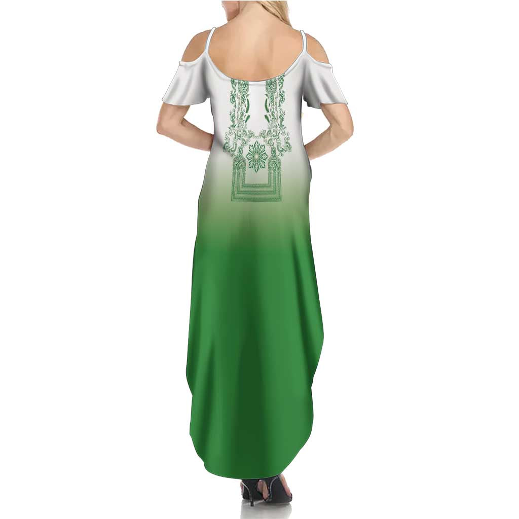 Philippines Barong Style Family Matching Summer Maxi Dress and Hawaiian Shirt with Polynesian Art and Leaf Motif Green Color LT03 - Polynesian Pride