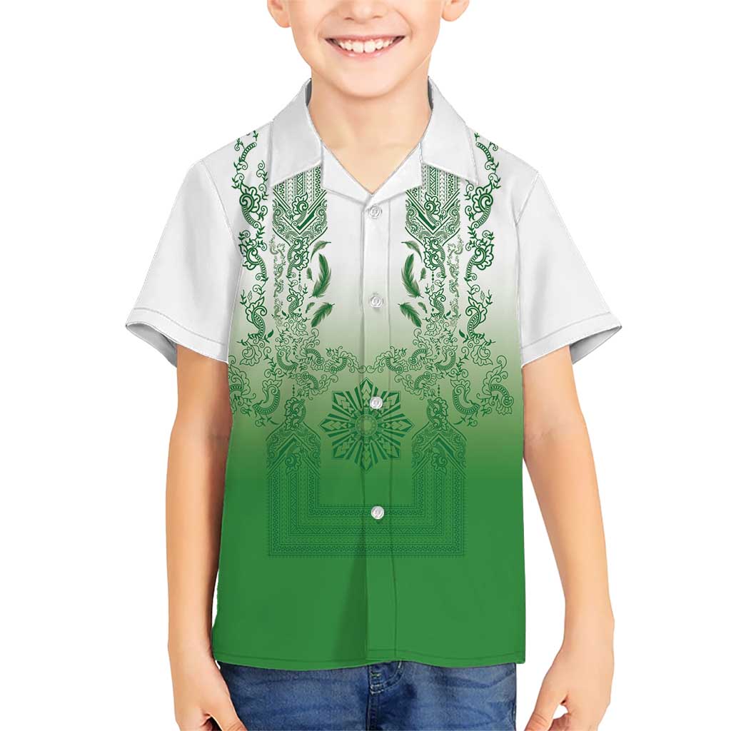 Philippines Barong Style Family Matching Summer Maxi Dress and Hawaiian Shirt with Polynesian Art and Leaf Motif Green Color LT03 Son's Shirt Green - Polynesian Pride