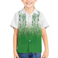 Philippines Barong Style Family Matching Summer Maxi Dress and Hawaiian Shirt with Polynesian Art and Leaf Motif Green Color LT03 Son's Shirt Green - Polynesian Pride