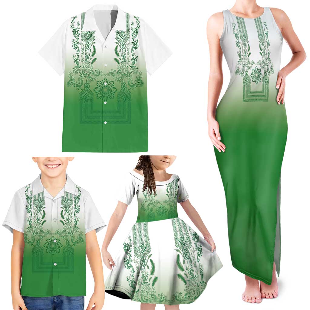 Philippines Barong Style Family Matching Tank Maxi Dress and Hawaiian Shirt with Polynesian Art and Leaf Motif Green Color