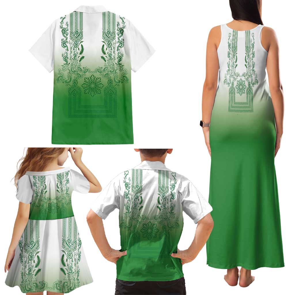 Philippines Barong Style Family Matching Tank Maxi Dress and Hawaiian Shirt with Polynesian Art and Leaf Motif Green Color