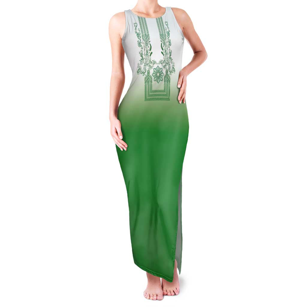 Philippines Barong Style Family Matching Tank Maxi Dress and Hawaiian Shirt with Polynesian Art and Leaf Motif Green Color
