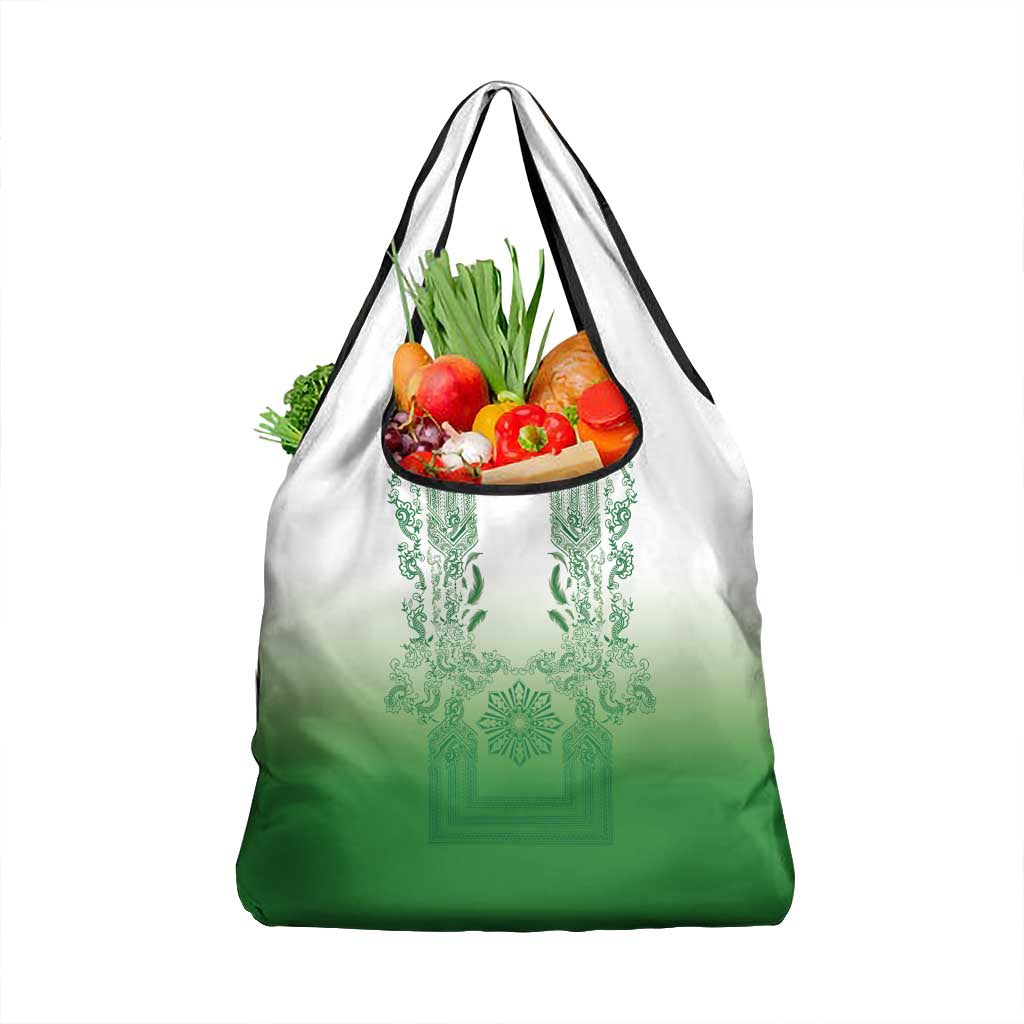 Philippines Barong Style Grocery Bag with Polynesian Art and Leaf Motif Green Color