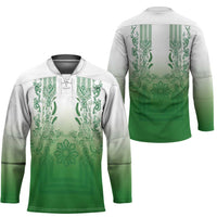 Philippines Barong Style Hockey Jersey with Polynesian Art and Leaf Motif Green Color