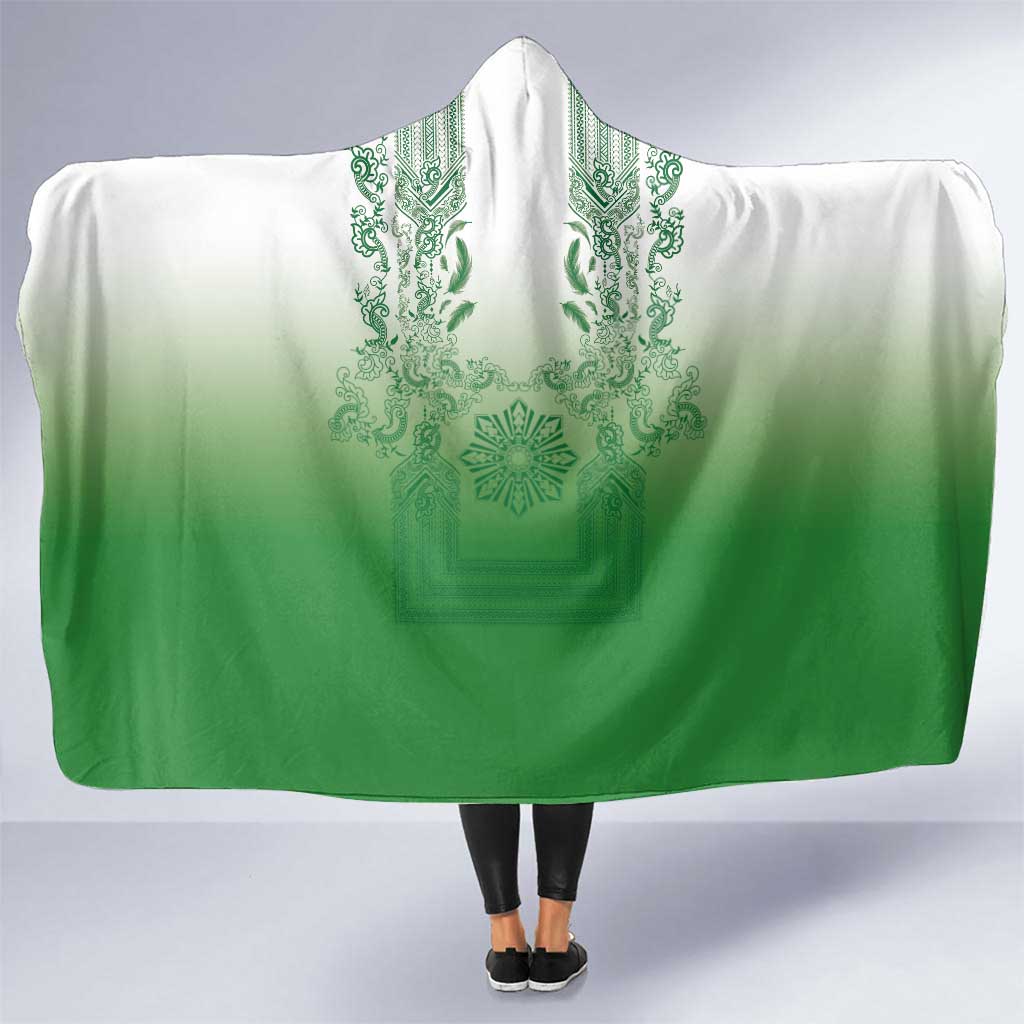 Philippines Barong Style Hooded Blanket with Polynesian Art and Leaf Motif Green Color