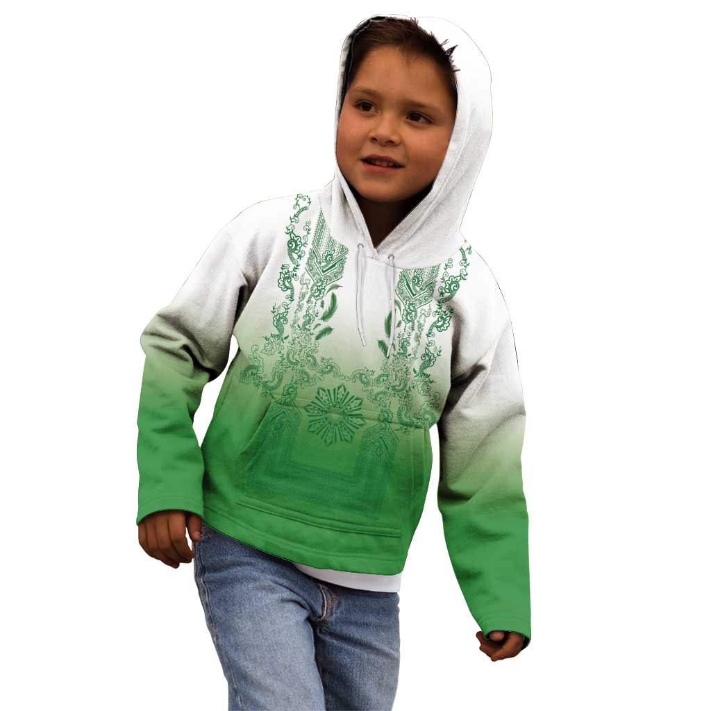 Philippines Barong Style Kid Hoodie with Polynesian Art and Leaf Motif Green Color