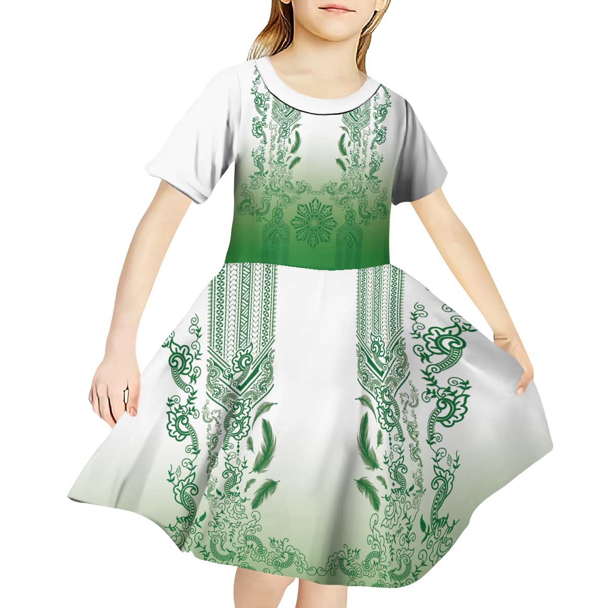 Philippines Barong Style Kid Short Sleeve Dress with Polynesian Art and Leaf Motif Green Color