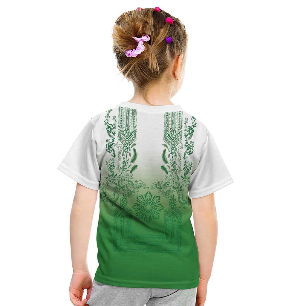 Philippines Barong Style Kid T Shirt with Polynesian Art and Leaf Motif Green Color