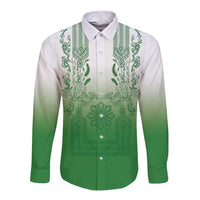 Philippines Barong Style Long Sleeve Button Shirt with Polynesian Art and Leaf Motif Green Color