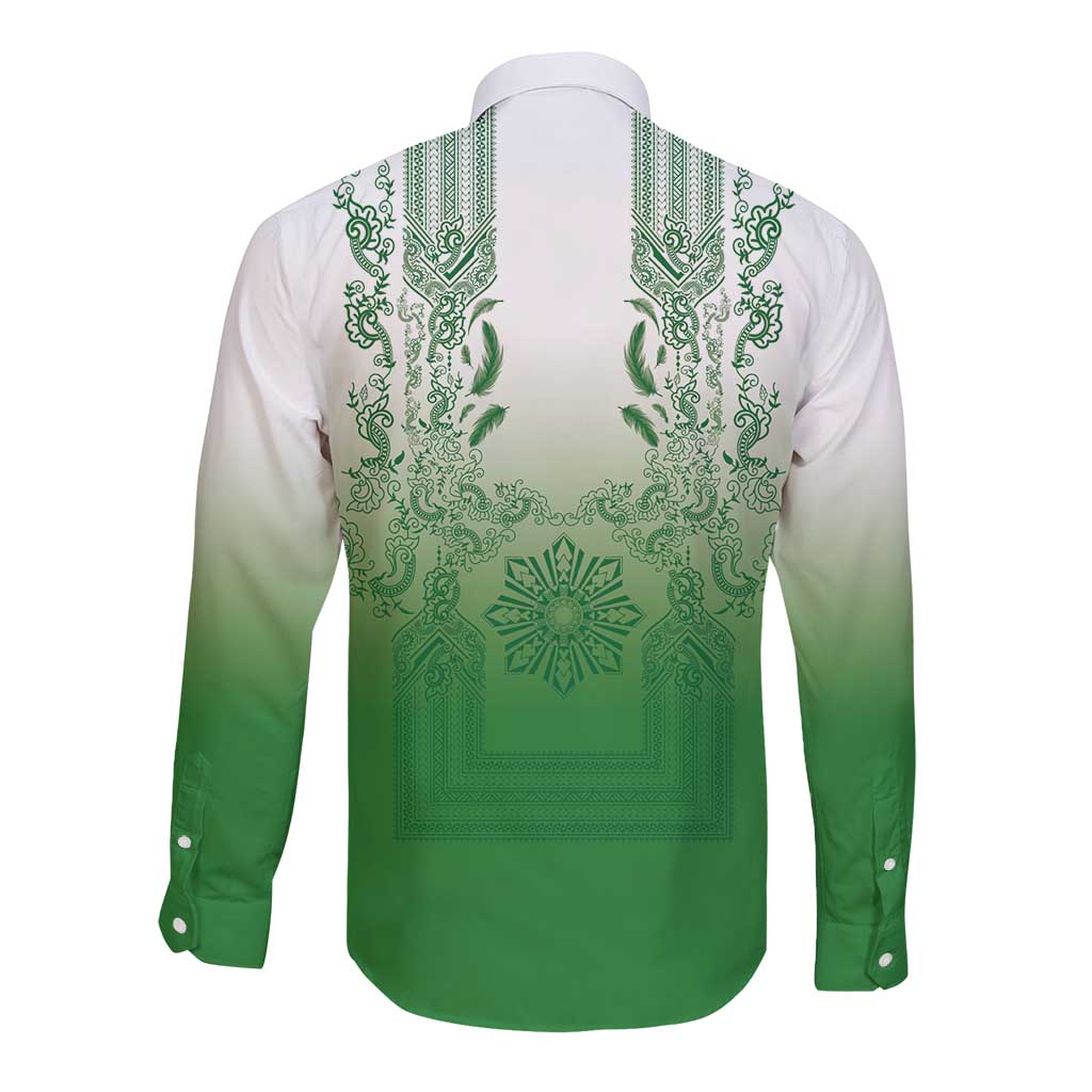 Philippines Barong Style Long Sleeve Button Shirt with Polynesian Art and Leaf Motif Green Color
