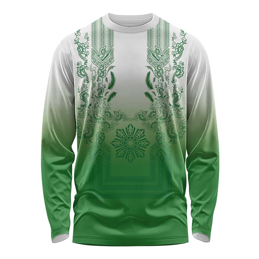 Philippines Barong Style Long Sleeve Shirt with Polynesian Art and Leaf Motif Green Color