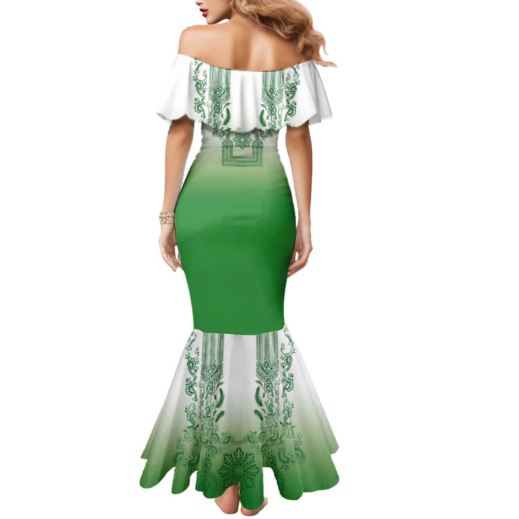 Philippines Barong Style Mermaid Dress with Polynesian Art and Leaf Motif Green Color