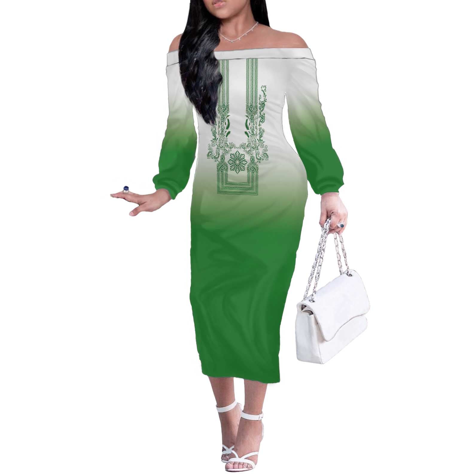 Philippines Barong Style Off The Shoulder Long Sleeve Dress with Polynesian Art and Leaf Motif Green Color