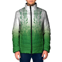 Philippines Barong Style Padded Jacket with Polynesian Art and Leaf Motif Green Color