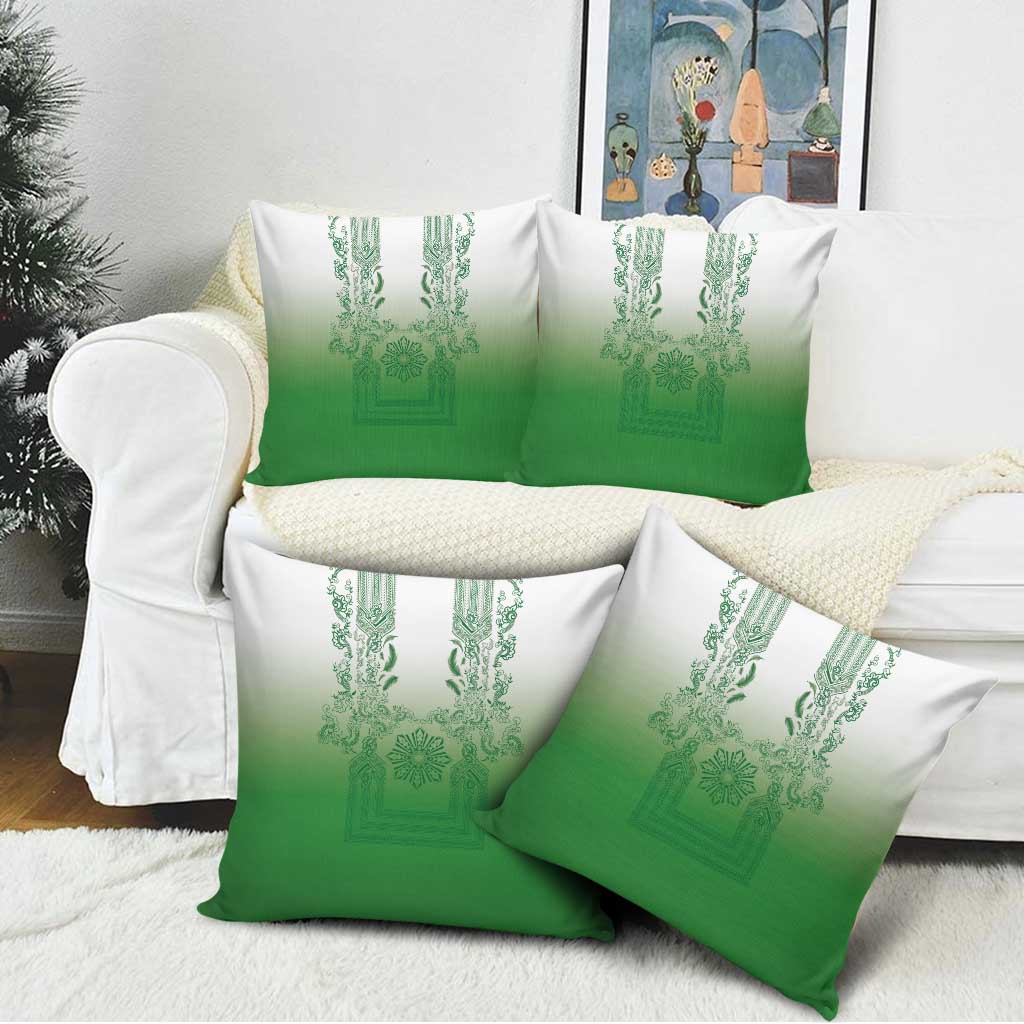 Philippines Barong Style Pillow Cover with Polynesian Art and Leaf Motif Green Color