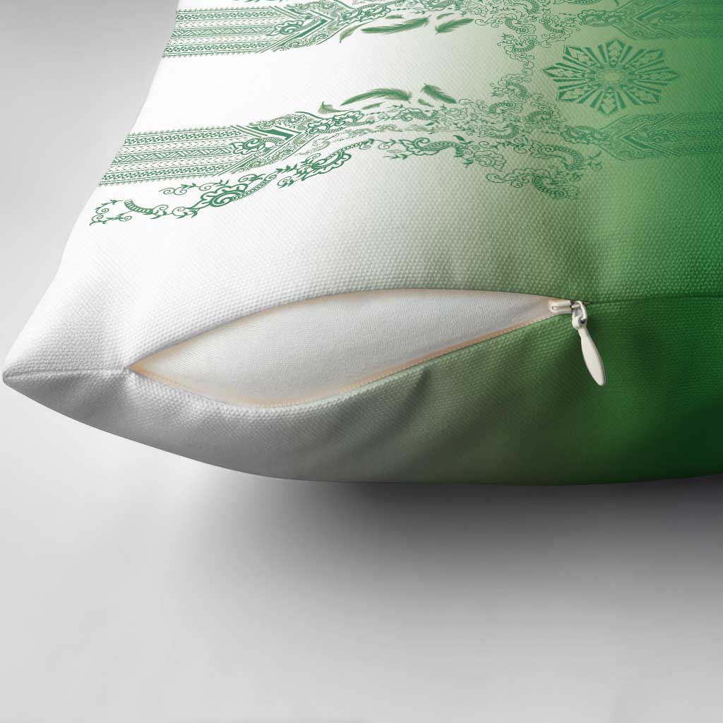 Philippines Barong Style Pillow Cover with Polynesian Art and Leaf Motif Green Color