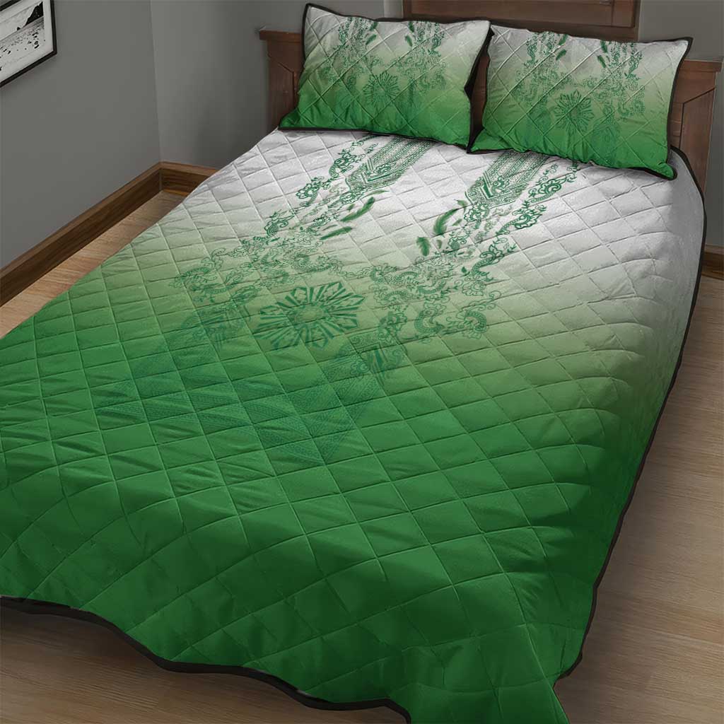 Philippines Barong Style Quilt Bed Set with Polynesian Art and Leaf Motif Green Color