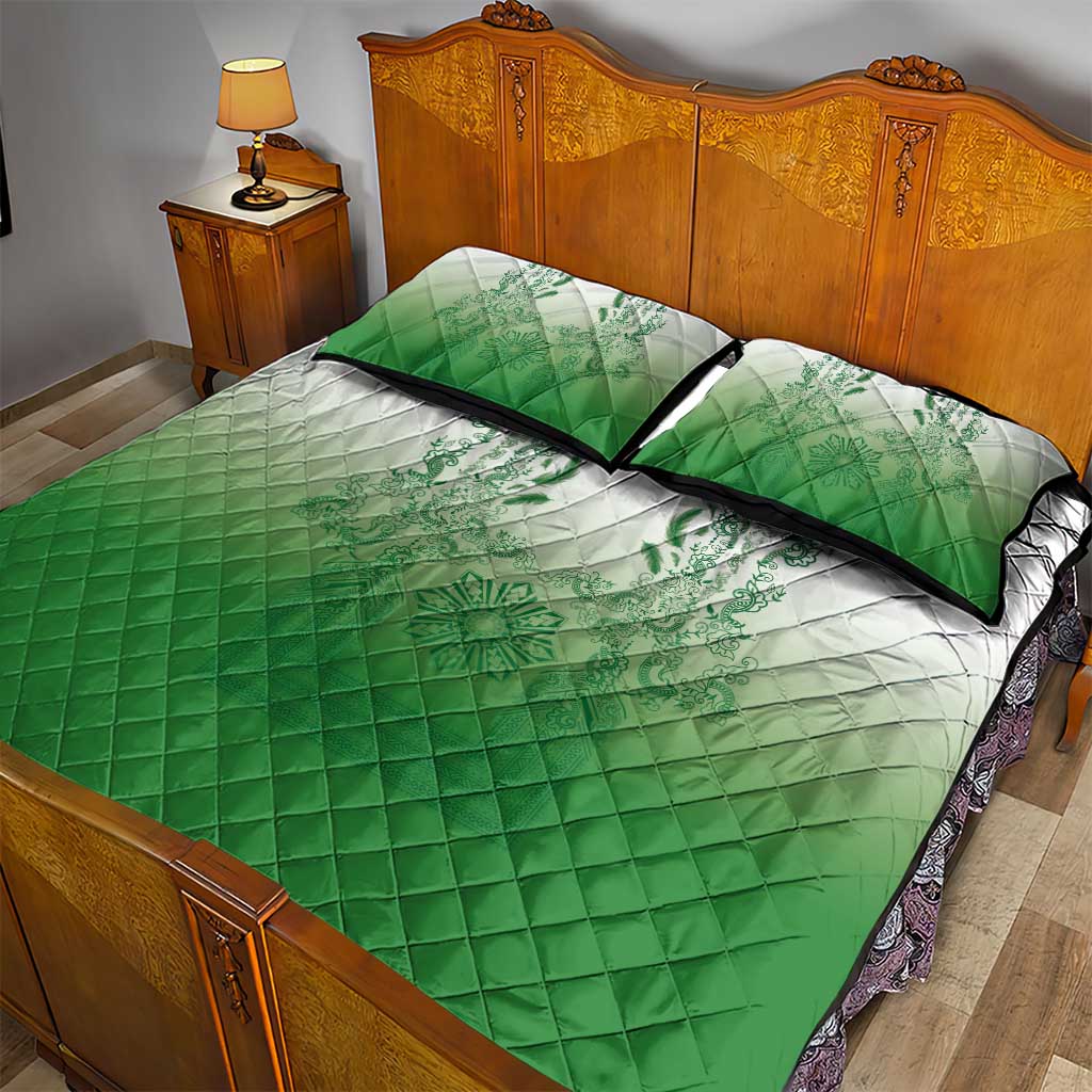 Philippines Barong Style Quilt Bed Set with Polynesian Art and Leaf Motif Green Color