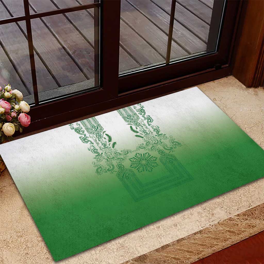 Philippines Barong Style Rubber Doormat with Polynesian Art and Leaf Motif Green Color