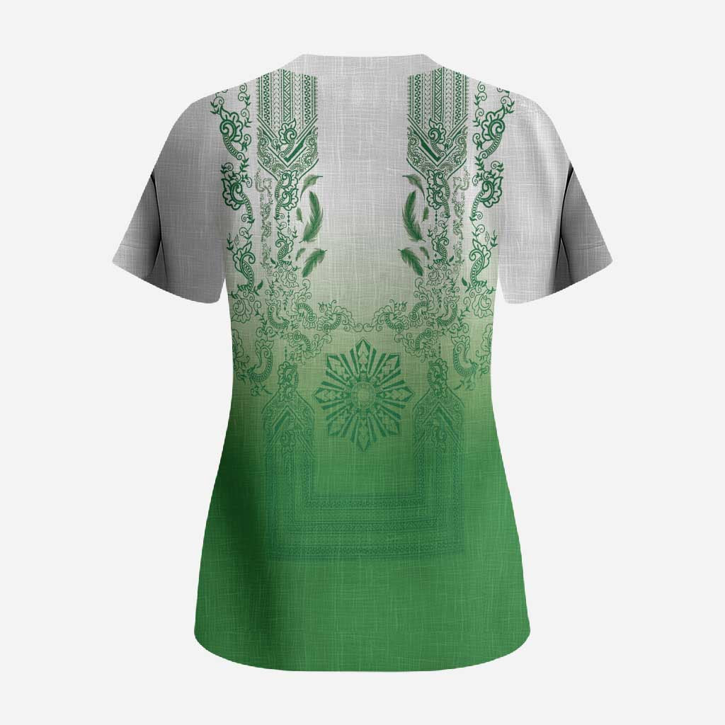 Philippines Barong Style Scrub Top with Polynesian Art and Leaf Motif Green Color LT03 - Polynesian Pride