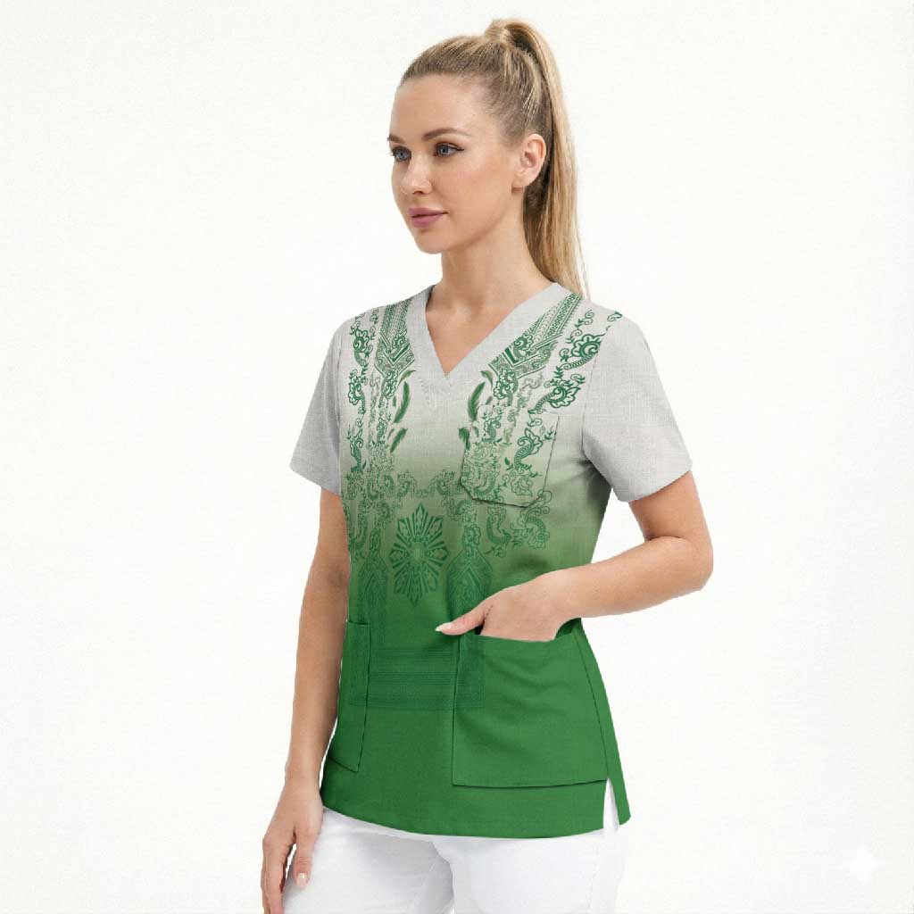 Philippines Barong Style Scrub Top with Polynesian Art and Leaf Motif Green Color LT03 - Polynesian Pride