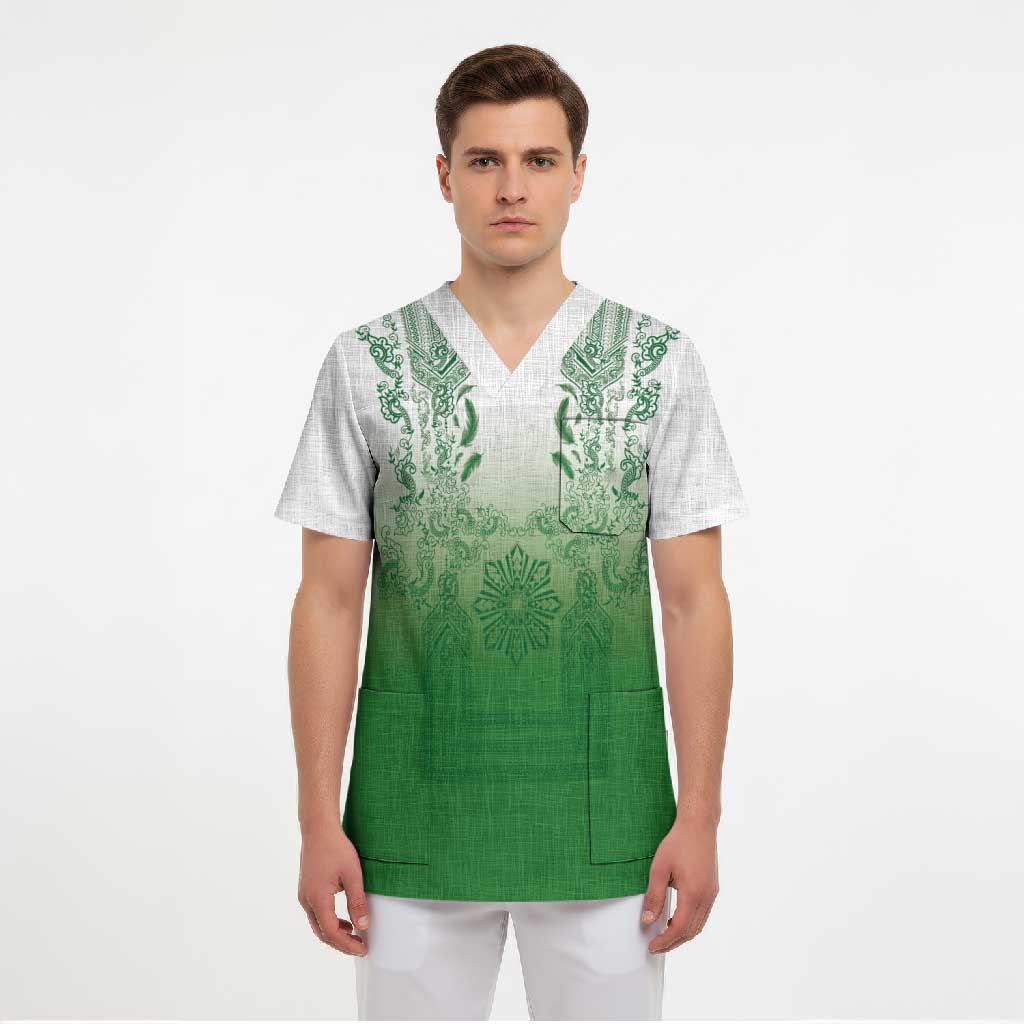Philippines Barong Style Scrub Top with Polynesian Art and Leaf Motif Green Color LT03 - Polynesian Pride