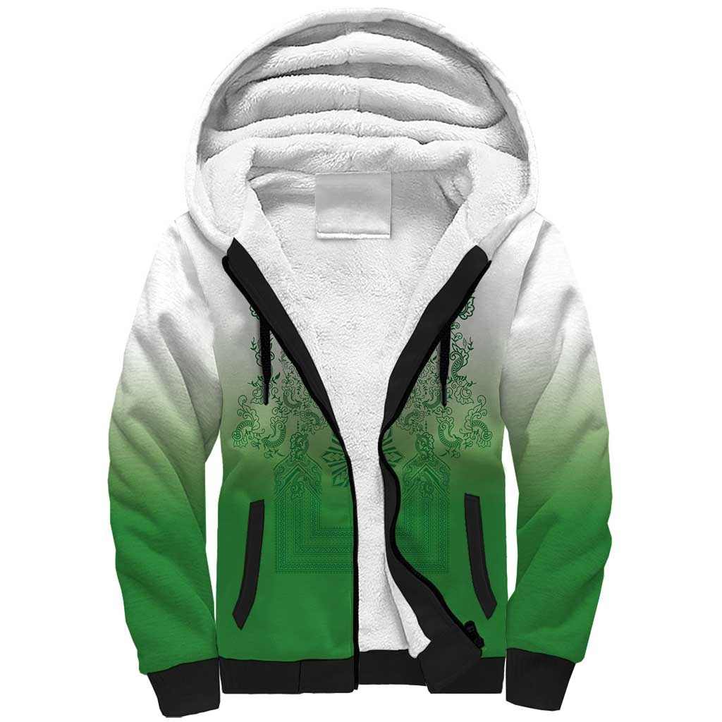 Philippines Barong Style Sherpa Hoodie with Polynesian Art and Leaf Motif Green Color