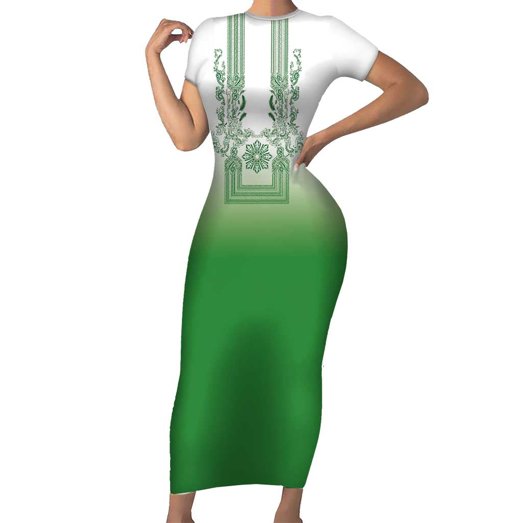Philippines Barong Style Short Sleeve Bodycon Dress with Polynesian Art and Leaf Motif Green Color
