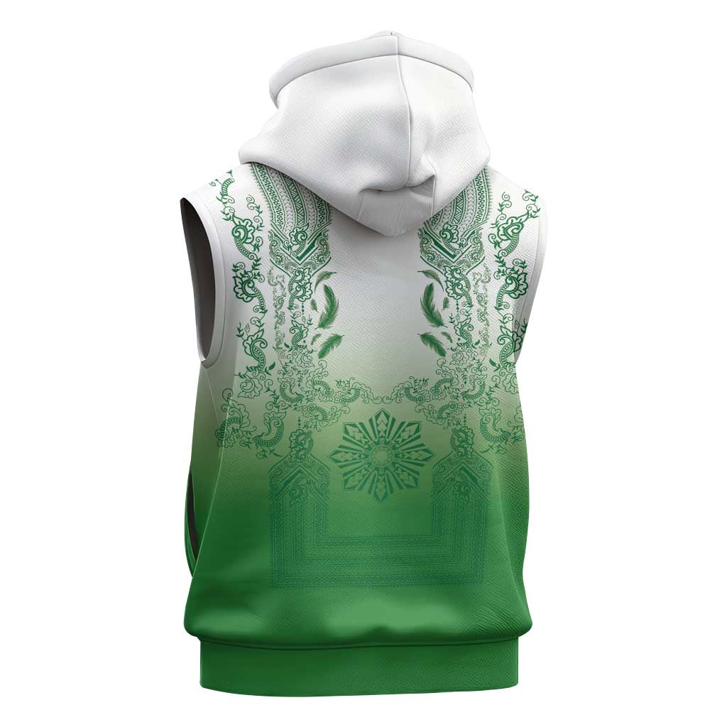 Philippines Barong Style Sleeveless Hoodie with Polynesian Art and Leaf Motif Green Color