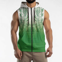 Philippines Barong Style Sleeveless Zip Hoodie with Polynesian Art and Leaf Motif Green Color