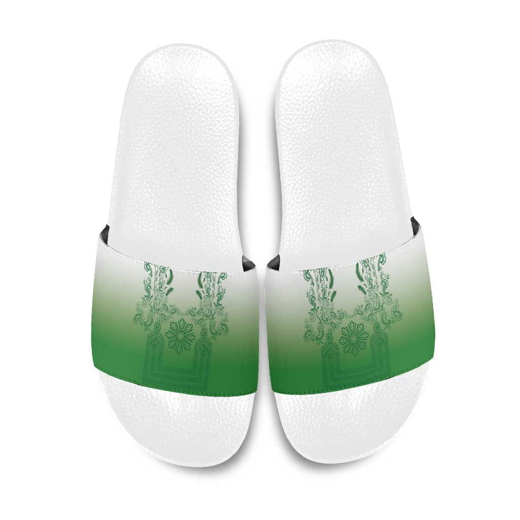 Philippines Barong Style Slide Sandals with Polynesian Art and Leaf Motif Green Color