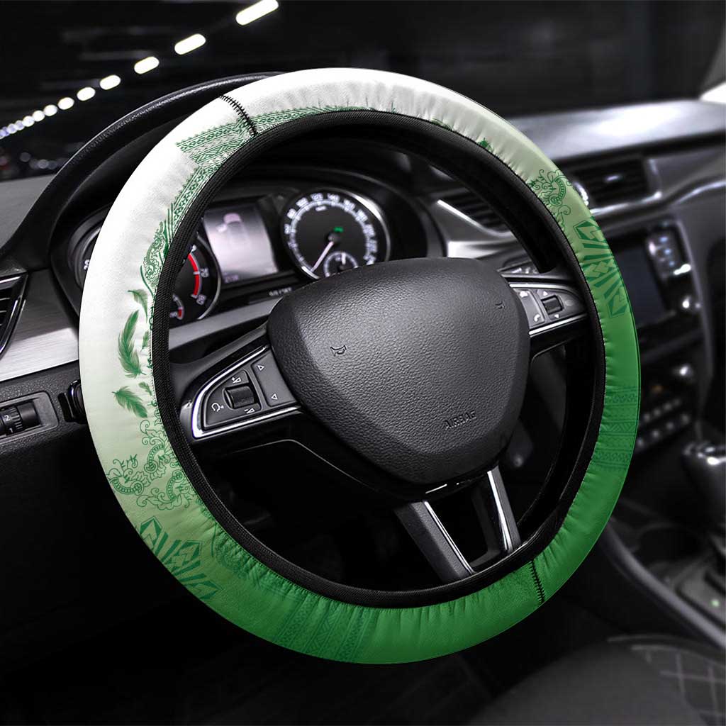 Philippines Barong Style Steering Wheel Cover with Polynesian Art and Leaf Motif Green Color